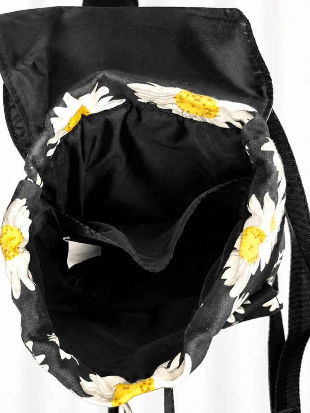 👜 Black Daisy Floral Backpack White Yellow Flower Drawstring Casual Bag